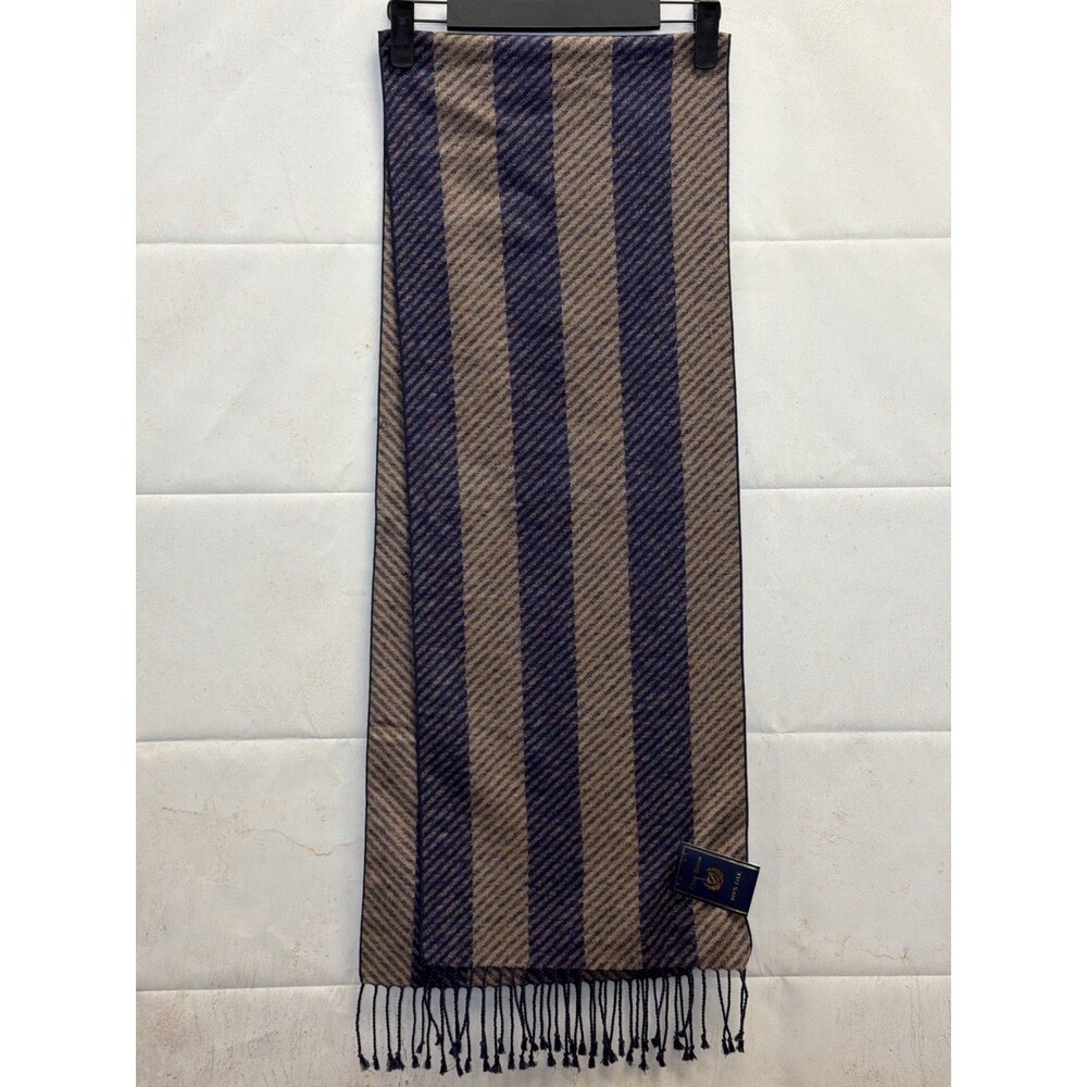 Club Room, 100% Silk Scarf, Navy / Tan Striped With Fringe, NWT